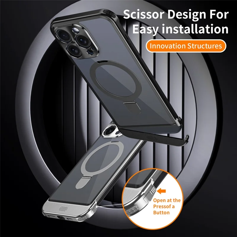 For iPhone 15 Pro Max Aromatherapy Case Acrylic+Aluminum Alloy Magnetic Kickstand Phone Cover - Black