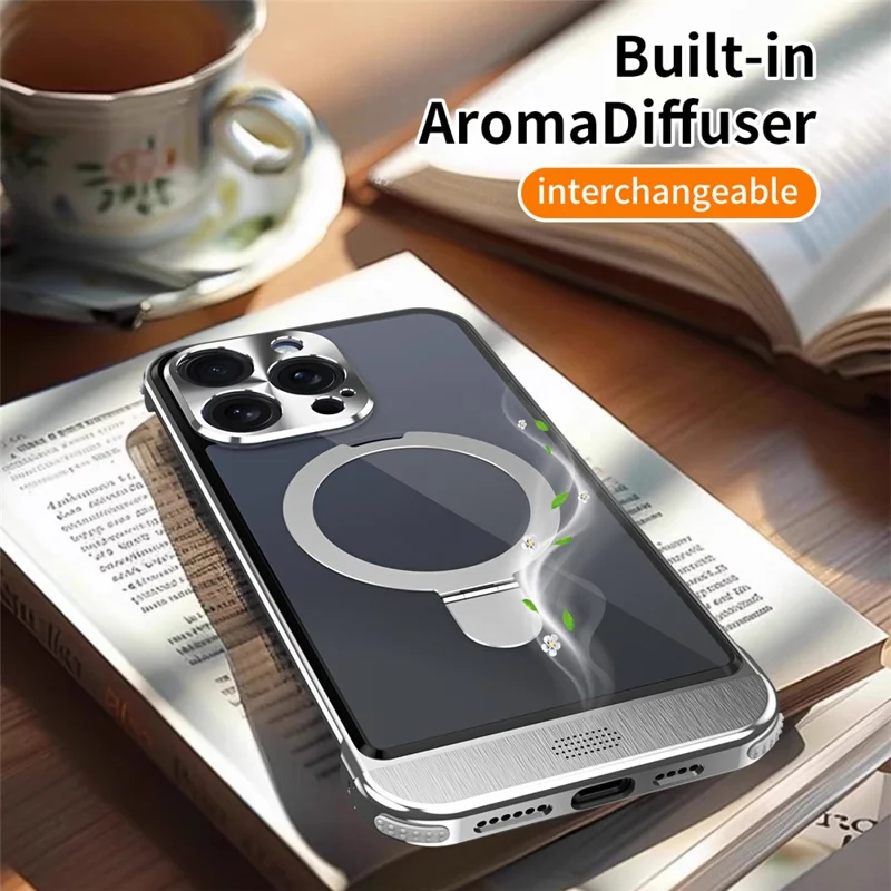For iPhone 15 Pro Max Aromatherapy Case Acrylic+Aluminum Alloy Magnetic Kickstand Phone Cover - Black