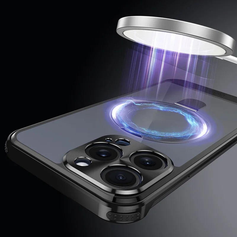 For iPhone 15 Pro Max Aromatherapy Case Acrylic+Aluminum Alloy Magnetic Kickstand Phone Cover - Black