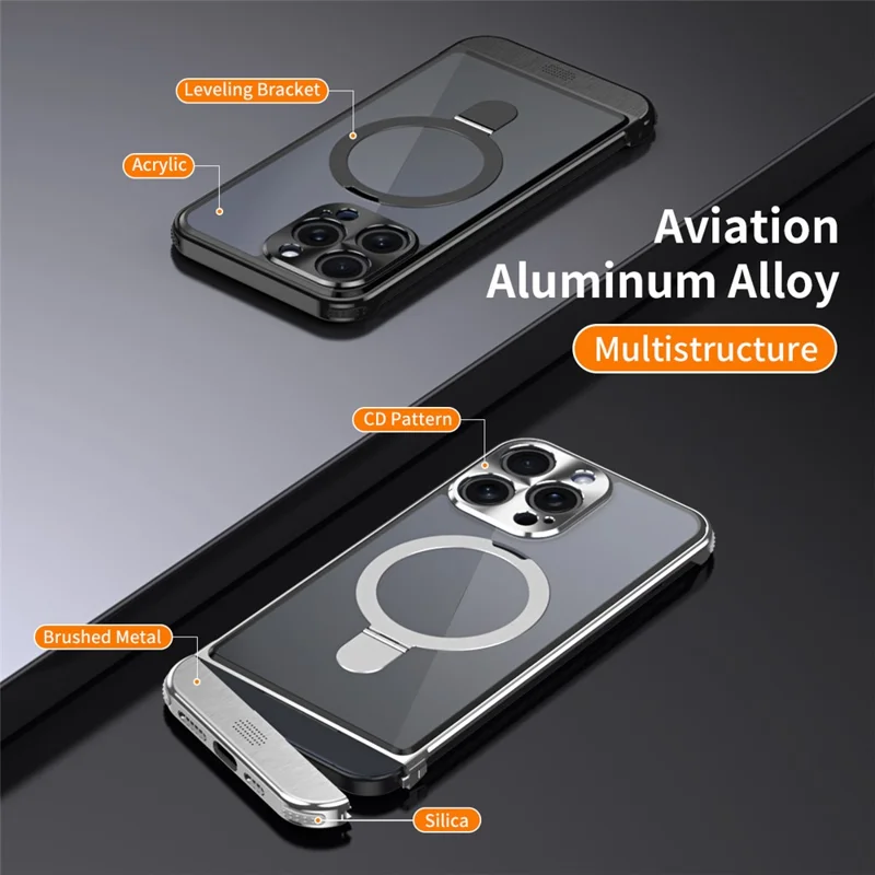 For iPhone 14 Pro Magnetic Case Kickstand Acrylic+Aluminum Alloy Cover Aromatherapy Tablet - Black