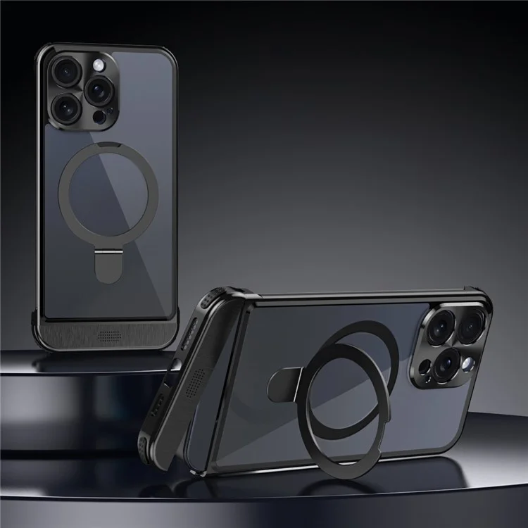 For iPhone 13 Pro Aromatherapy Case Magnetic Ring Kickstand Acrylic+Aluminum Alloy Cover - Black