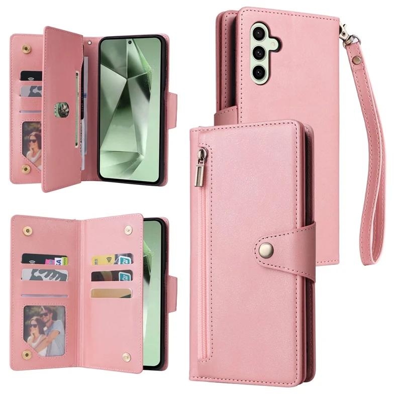 For Samsung Galaxy S24 FE Case Rivet Decor Zipper Pocket Leather Phone Cover - Rose Gold
