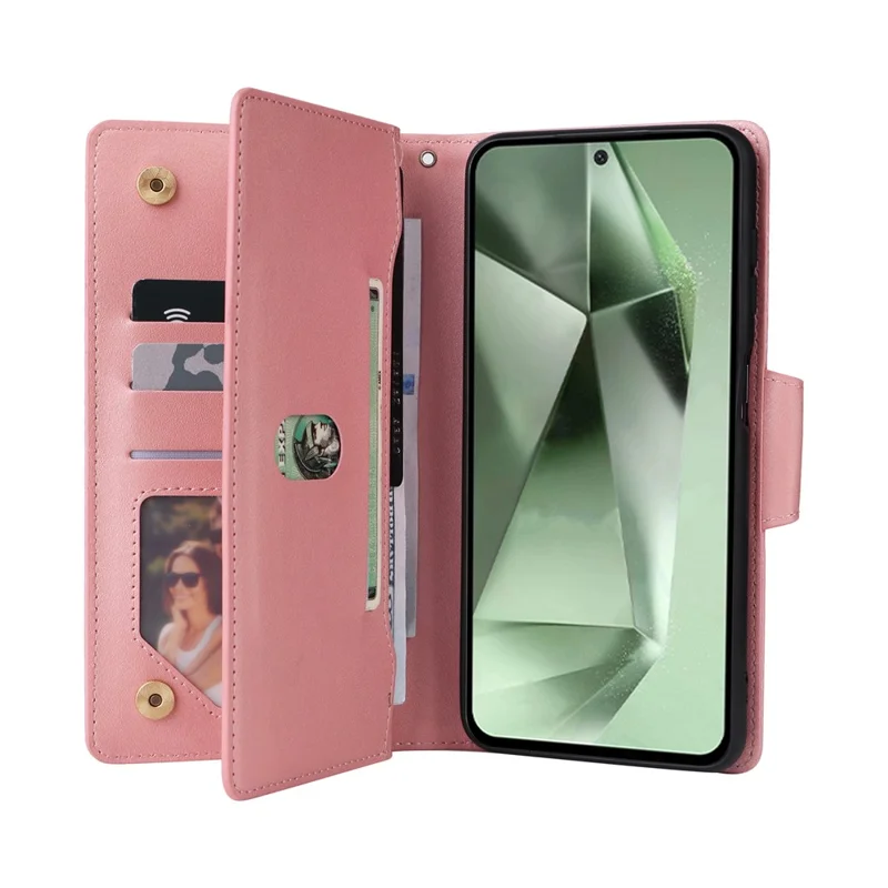 For Samsung Galaxy S24 FE Case Rivet Decor Zipper Pocket Leather Phone Cover - Rose Gold