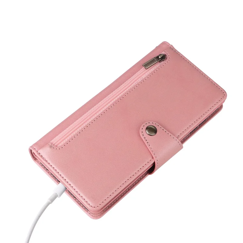 For Samsung Galaxy S24 FE Case Rivet Decor Zipper Pocket Leather Phone Cover - Rose Gold