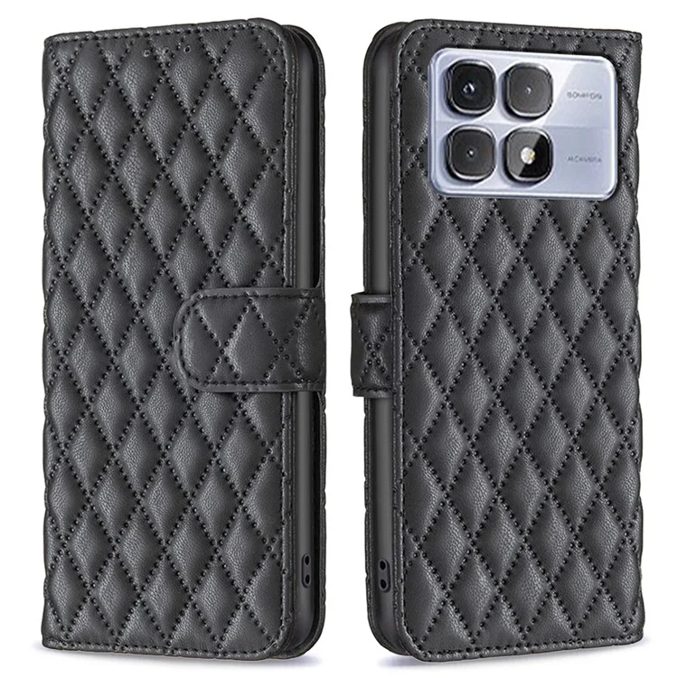 BINFEN COLOR BF Style-14 für Xiaomi Redmi K70 Ultra-Hülle Rhombus-Telefonleder-Cover-Ständer - Schwarz