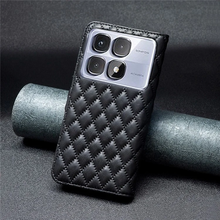 BINFEN COLOR BF Style-14 für Xiaomi Redmi K70 Ultra-Hülle Rhombus-Telefonleder-Cover-Ständer - Schwarz