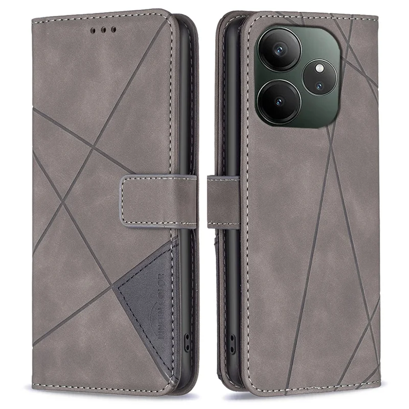 BINFEN COLOR For Realme GT 6 5G / GT 6T 5G Phone Cases Wallet Stand Geometry Imprint Leather Cover - Grey