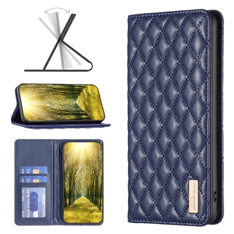 BINFEN COLOR BF Style-16 For Samsung Galaxy A06 4G Case Card Slots Rhombus Leather Cover - Blue