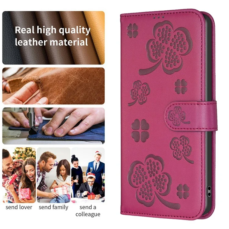Para Samsung Galaxy A06 Case PU Leather Wallet Stand Phone Cover Clover Pattern - Rose
