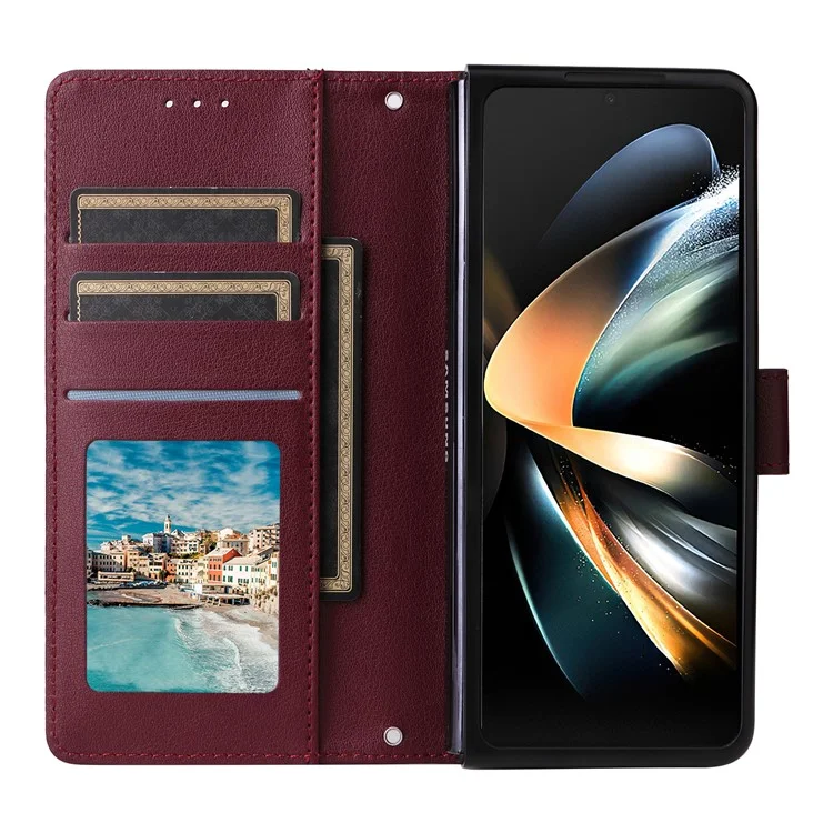 Per Samsung Galaxy Z Fold4 5G Case PU Pelle Custodia Telefonica con 3 Slot per Schede - Rosso Vino