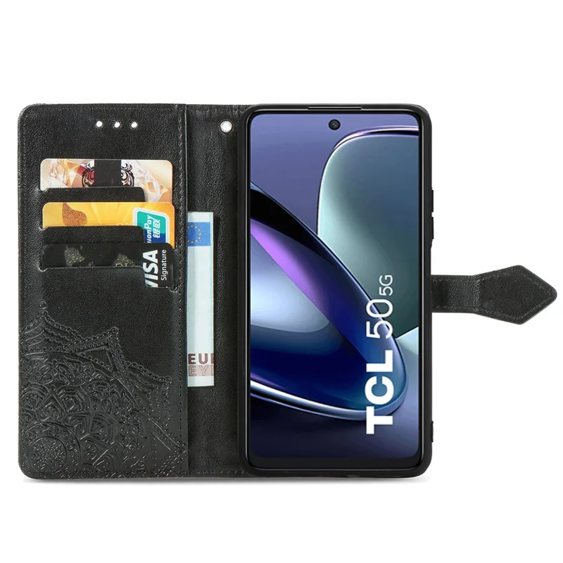 For TCL 50 5G Case Mandala Embossed Design Leather Wallet Phone Cover - Black