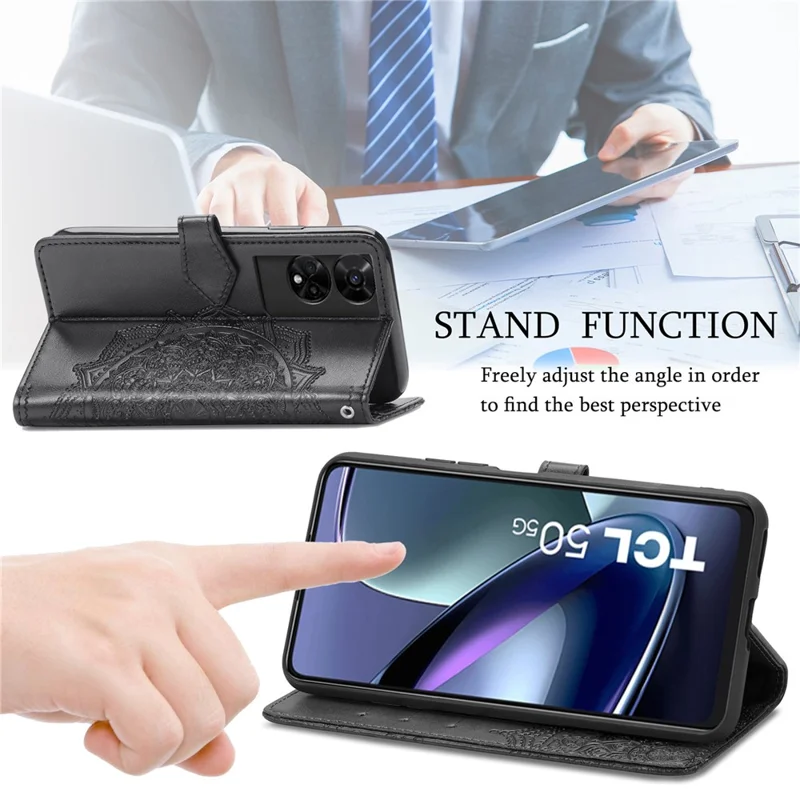 For TCL 50 5G Case Mandala Embossed Design Leather Wallet Phone Cover - Black