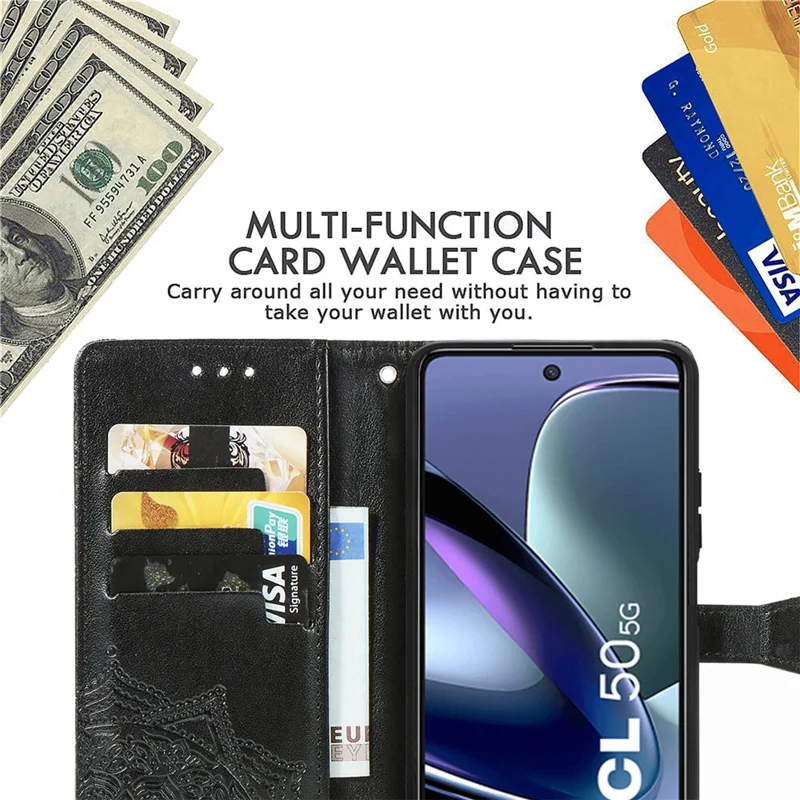 For TCL 50 5G Case Mandala Embossed Design Leather Wallet Phone Cover - Black