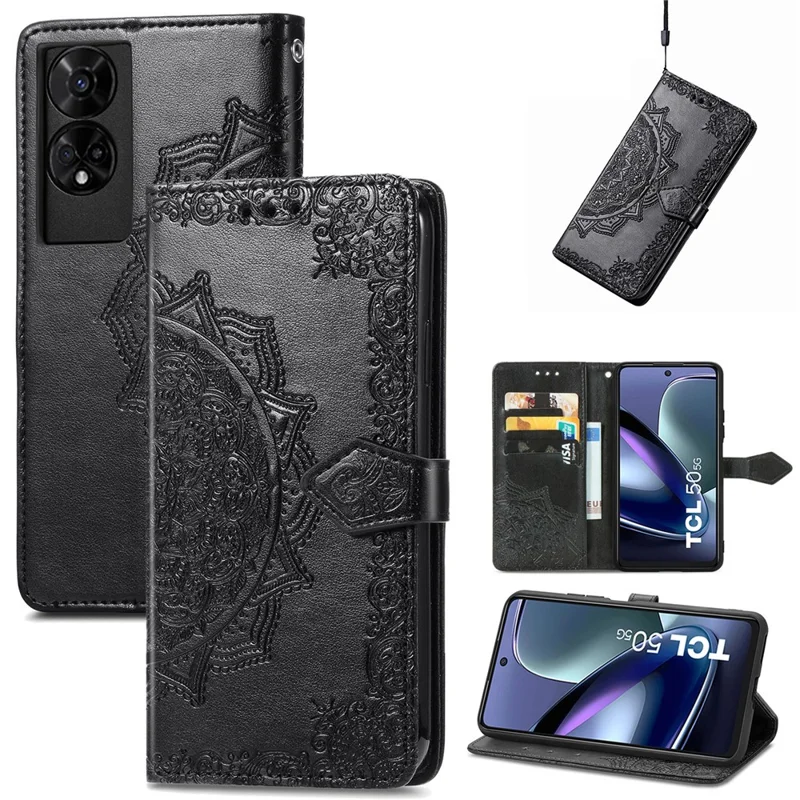 For TCL 50 5G Case Mandala Embossed Design Leather Wallet Phone Cover - Black