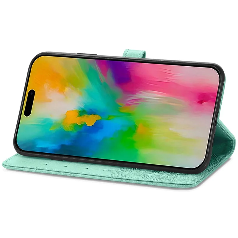 For iPhone 16 Case Embossed Mandala Pattern Leather Phone Cover Wallet Card Slot Holder - Mint Green