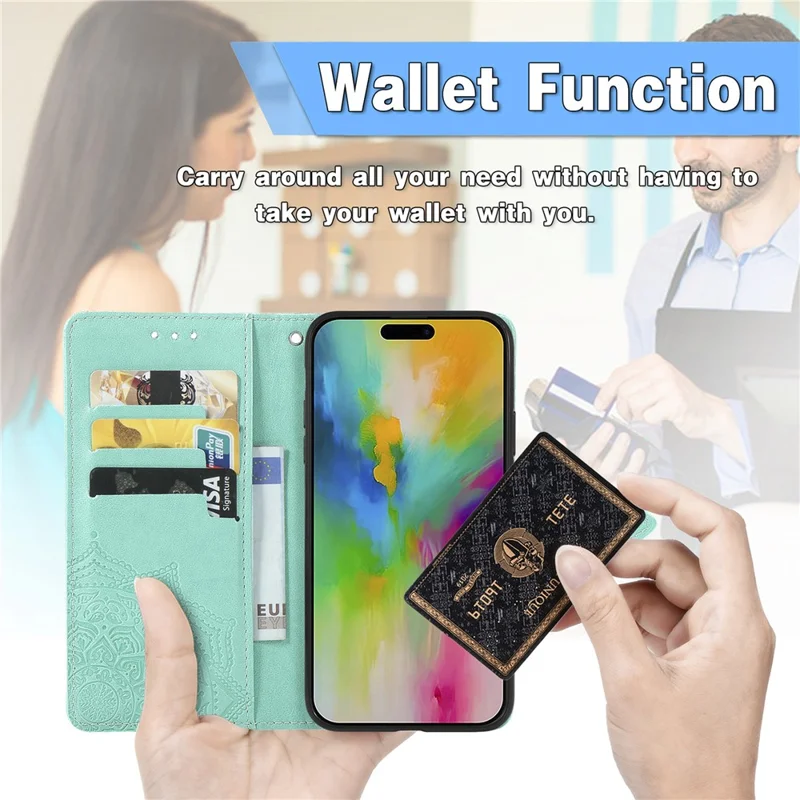 For iPhone 16 Case Embossed Mandala Pattern Leather Phone Cover Wallet Card Slot Holder - Mint Green