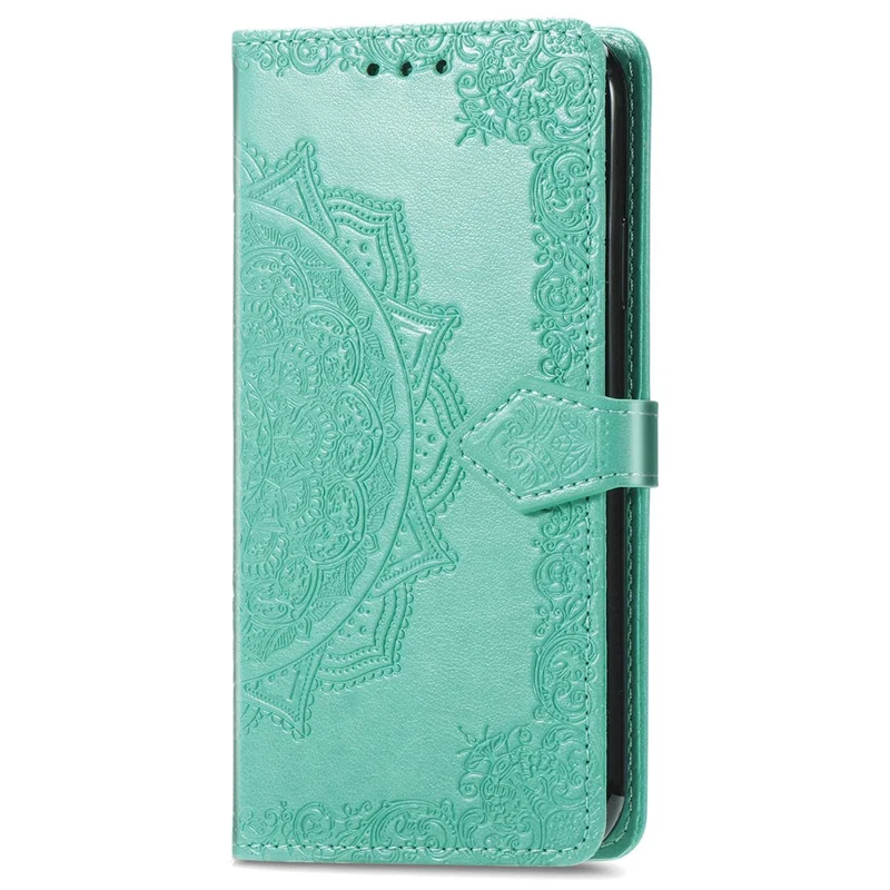 For iPhone 16 Case Embossed Mandala Pattern Leather Phone Cover Wallet Card Slot Holder - Mint Green