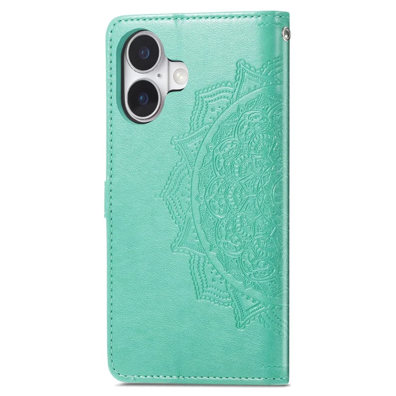 For iPhone 16 Case Embossed Mandala Pattern Leather Phone Cover Wallet Card Slot Holder - Mint Green