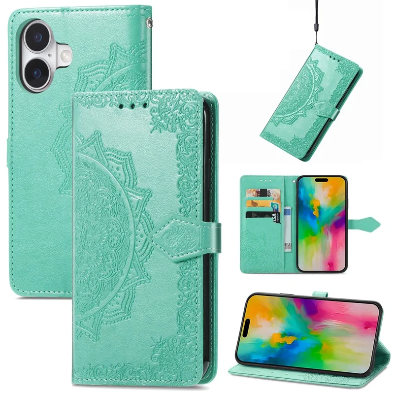 For iPhone 16 Case Embossed Mandala Pattern Leather Phone Cover Wallet Card Slot Holder - Mint Green