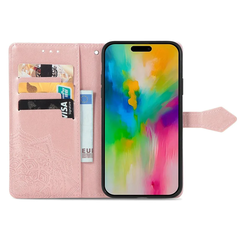 For iPhone 16 Case Embossed Mandala Pattern Leather Phone Cover Wallet Card Slot Holder - Rose Gold