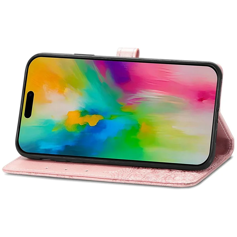 For iPhone 16 Case Embossed Mandala Pattern Leather Phone Cover Wallet Card Slot Holder - Rose Gold