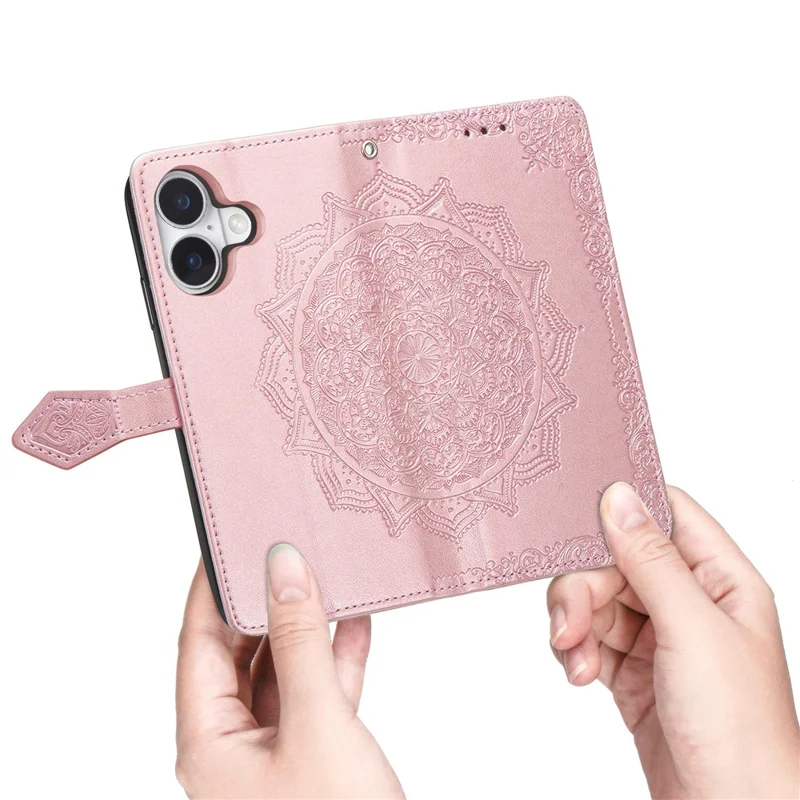 For iPhone 16 Case Embossed Mandala Pattern Leather Phone Cover Wallet Card Slot Holder - Rose Gold