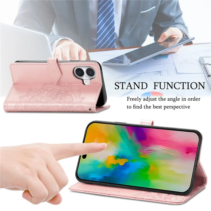 For iPhone 16 Case Embossed Mandala Pattern Leather Phone Cover Wallet Card Slot Holder - Rose Gold