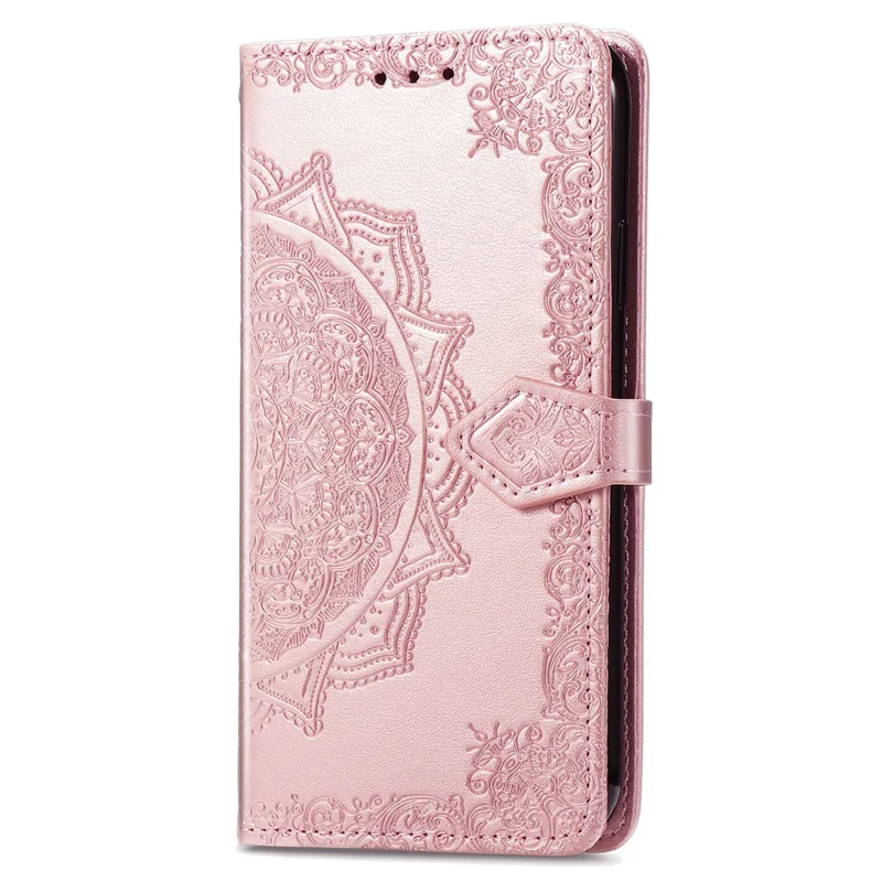 For iPhone 16 Case Embossed Mandala Pattern Leather Phone Cover Wallet Card Slot Holder - Rose Gold