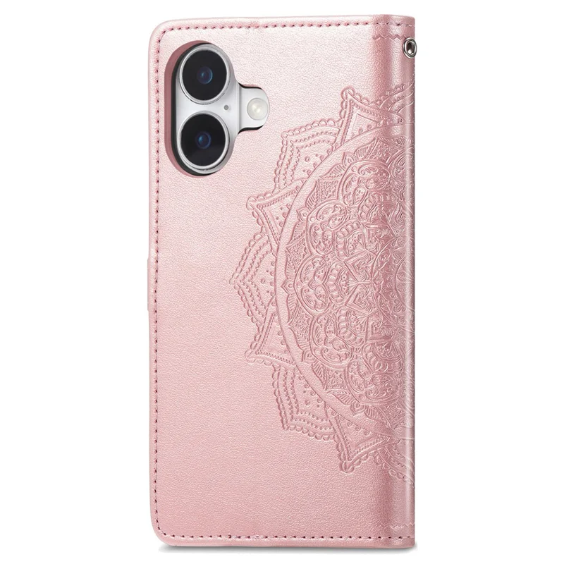 For iPhone 16 Case Embossed Mandala Pattern Leather Phone Cover Wallet Card Slot Holder - Rose Gold