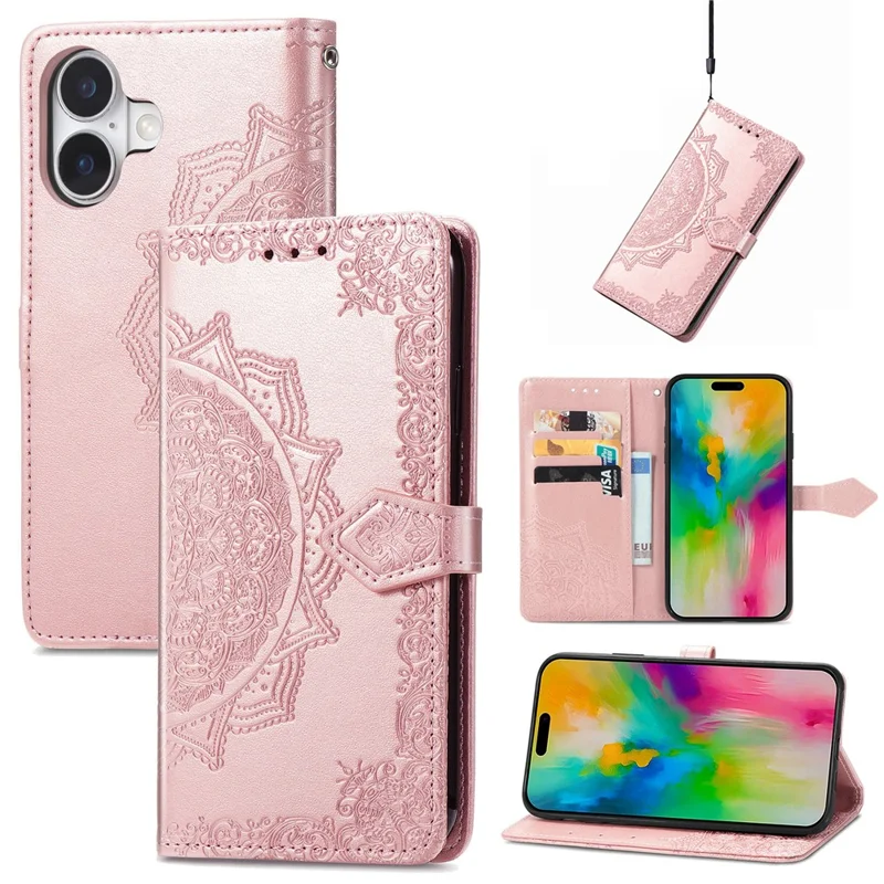 For iPhone 16 Case Embossed Mandala Pattern Leather Phone Cover Wallet Card Slot Holder - Rose Gold