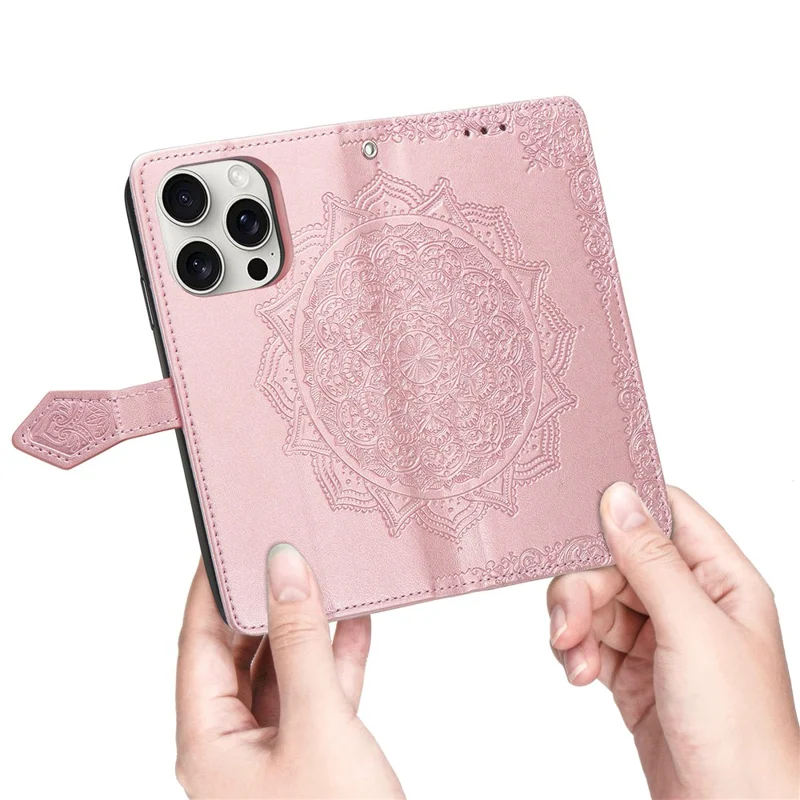 For iPhone 16 Pro Case Card Holder Cash Slots Leather Phone Cover Embossed Mandala Pattern - Rose Gold