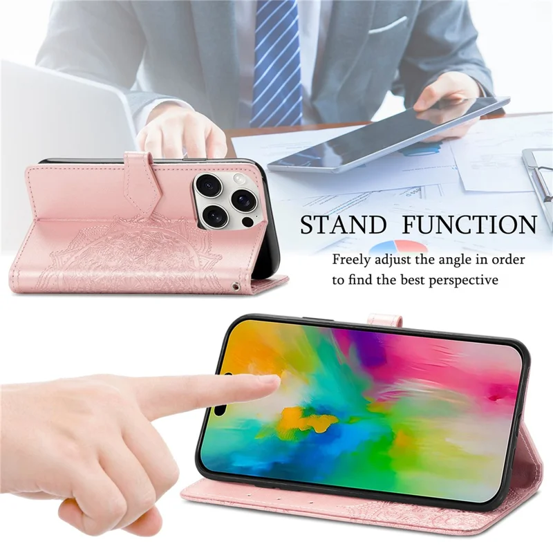 For iPhone 16 Pro Case Card Holder Cash Slots Leather Phone Cover Embossed Mandala Pattern - Rose Gold