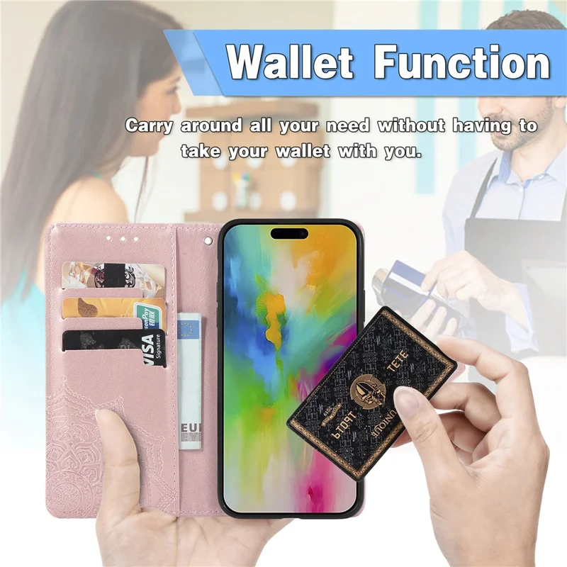 For iPhone 16 Pro Case Card Holder Cash Slots Leather Phone Cover Embossed Mandala Pattern - Rose Gold