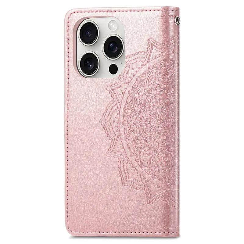 For iPhone 16 Pro Case Card Holder Cash Slots Leather Phone Cover Embossed Mandala Pattern - Rose Gold