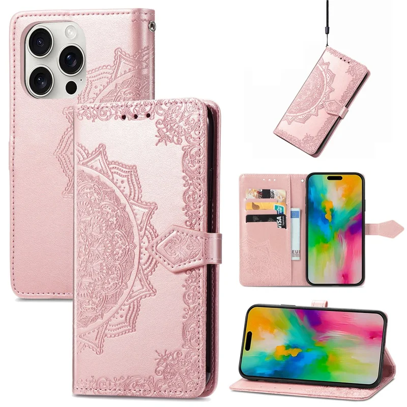 For iPhone 16 Pro Case Card Holder Cash Slots Leather Phone Cover Embossed Mandala Pattern - Rose Gold