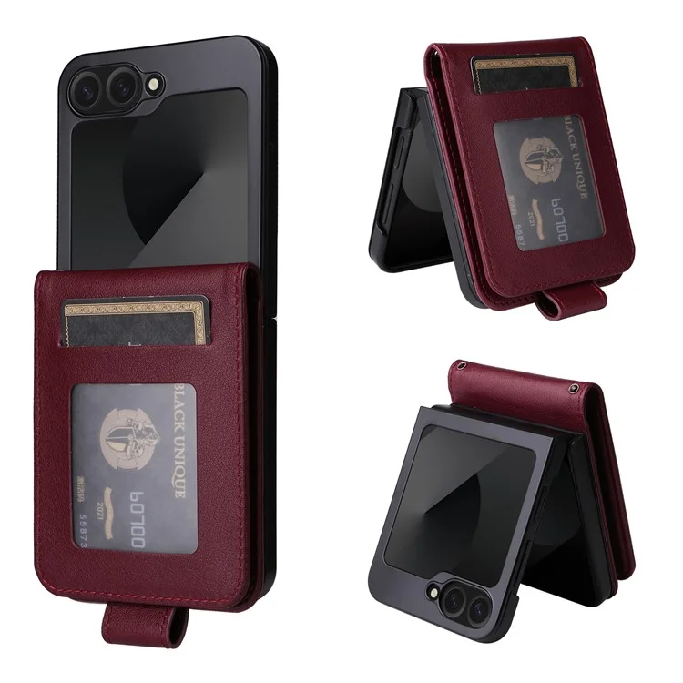 Para Samsung Galaxy Z Flip6 5G Case PU Leather Card Holder Folding Phone Cover - Vinho Tinto