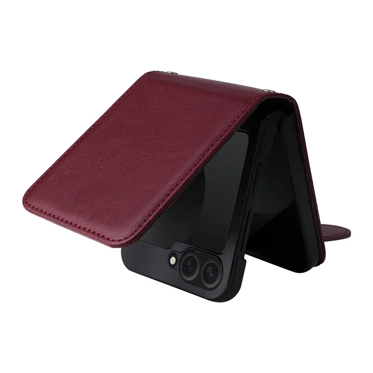 Para Samsung Galaxy Z Flip6 5G Case PU Leather Card Holder Folding Phone Cover - Vinho Tinto