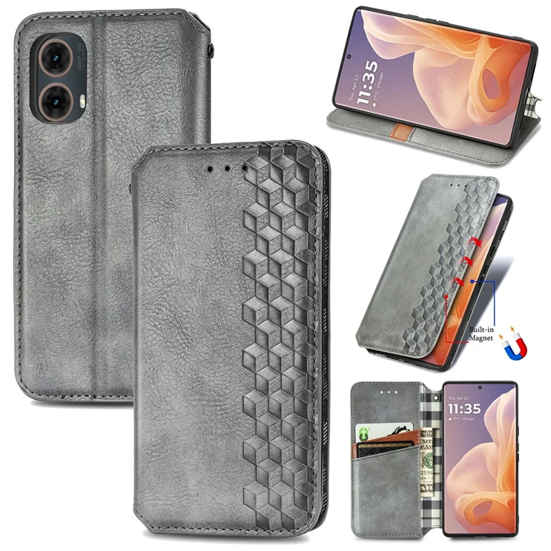 For Motorola Moto G85 5G / S50 Neo 5G Case Rhombus Pattern Leather Phone Cover Magnetic Auto-absorbed - Grey