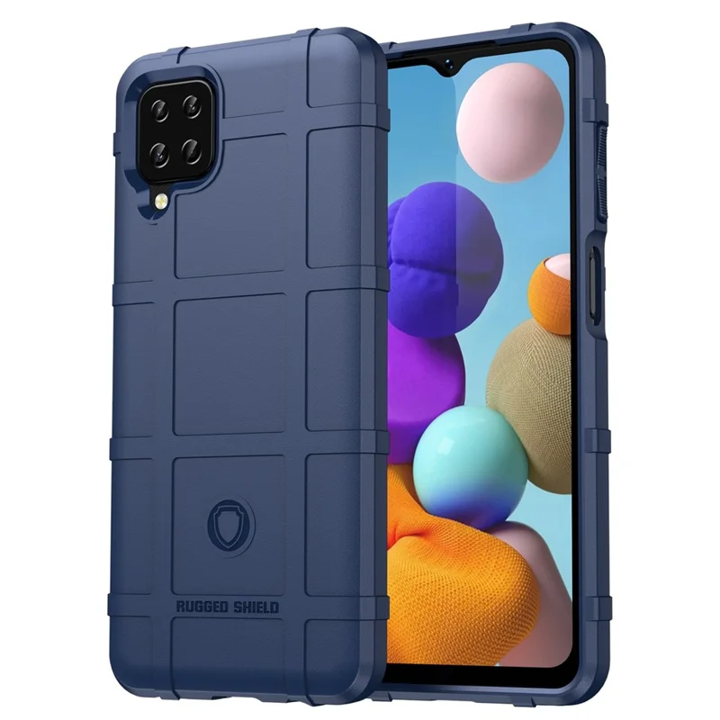 For Samsung Galaxy A12 Nacho 4G / A12 / M12 / F12 Rugged Square Grid Anti-slip Case Thickened TPU Buffer Protection Back Cover - Blue