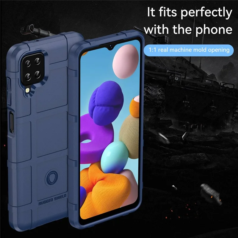 For Samsung Galaxy A12 Nacho 4G / A12 / M12 / F12 Rugged Square Grid Anti-slip Case Thickened TPU Buffer Protection Back Cover - Blue