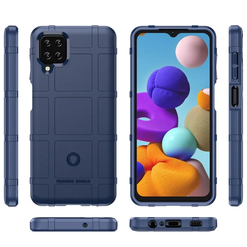 For Samsung Galaxy A12 Nacho 4G / A12 / M12 / F12 Rugged Square Grid Anti-slip Case Thickened TPU Buffer Protection Back Cover - Blue
