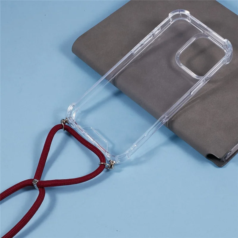 Per iPhone 16 Pro Case 4 Corner Reinforced Acrylic + TPU Phone Cover con Adjustable Lanyard - Jujube Red