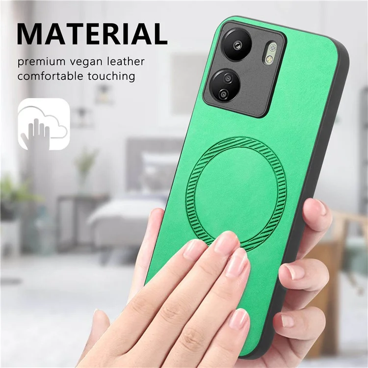For Xiaomi Redmi 13C 5G  /  13C 4G  /  13R 5G  /  Poco M6 5G Leather Back Case Compatible with MagSafe Skin-Touch Phone Cover - Green