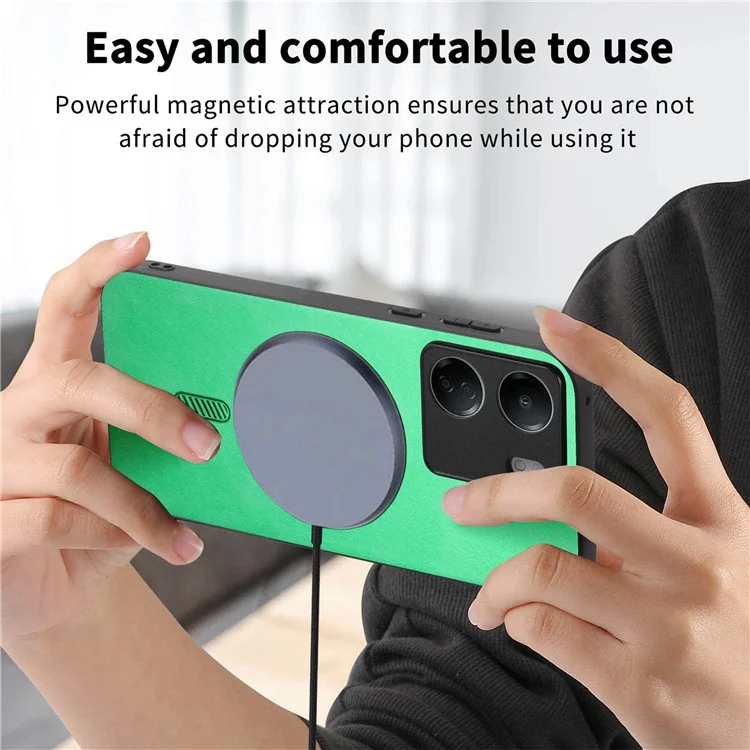 For Xiaomi Redmi 13C 5G  /  13C 4G  /  13R 5G  /  Poco M6 5G Leather Back Case Compatible with MagSafe Skin-Touch Phone Cover - Green