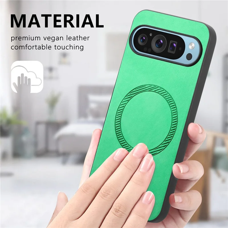 For Google Pixel 9 Pro  /  Pixel 9 Leather Back Case Compatible with MagSafe Skin-Touch Phone Cover - Green