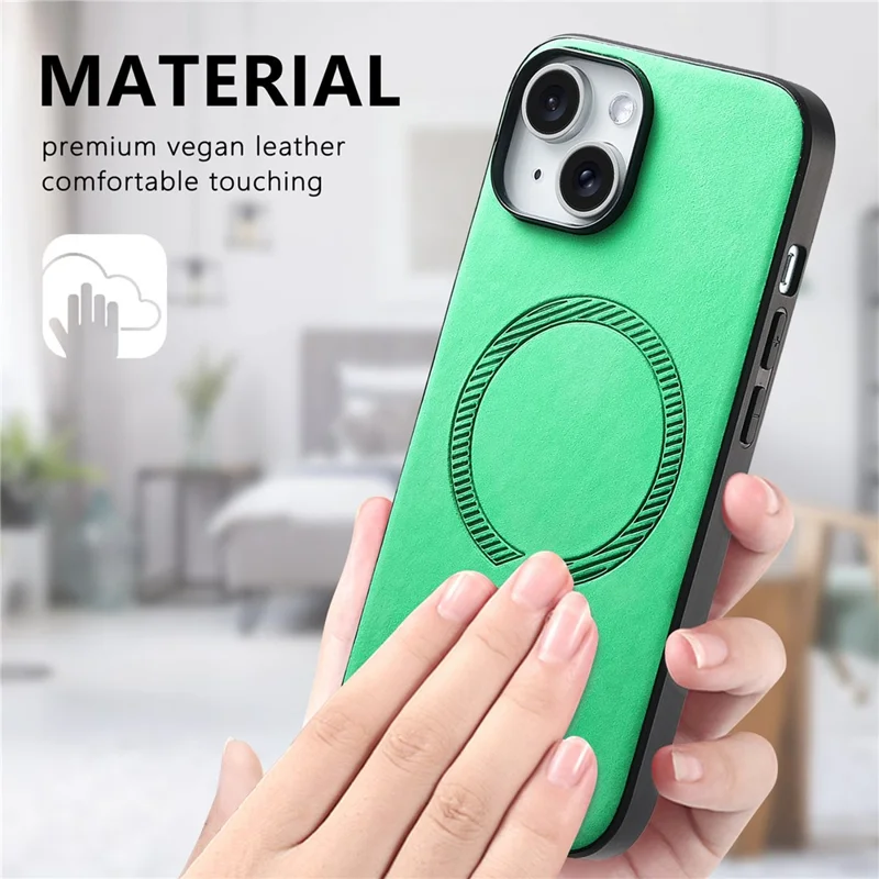 For iPhone 15 Leather Back Case Compatible with MagSafe Skin-Touch Phone Cover - Green
