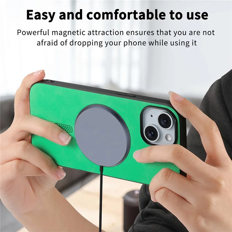 For iPhone 15 Leather Back Case Compatible with MagSafe Skin-Touch Phone Cover - Green