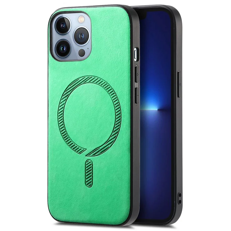 Para iPhone 13 Pro Max Capa de Couro Traseira Compatível com MagSafe Capa de Telefone Toque na Pele - Verde