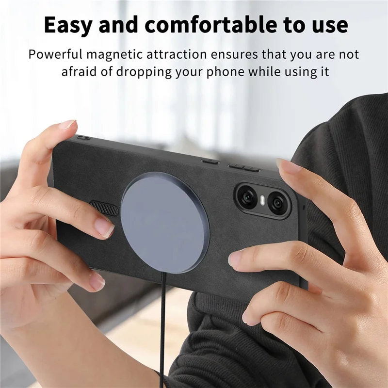 For Sony Xperia 10 VI Leather Back Case Compatible with MagSafe Skin-touch Phone Cover - Black