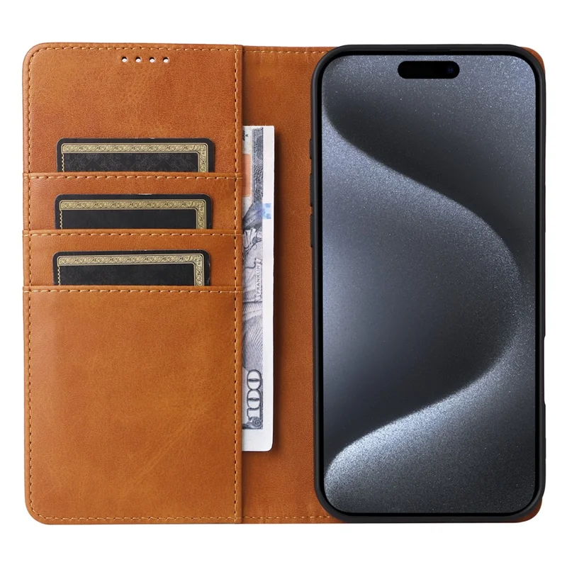 Voor iPhone 15 Pro hoesje RFID-blokkering telefoon lederen cover met magnetische sluiting - Bruin